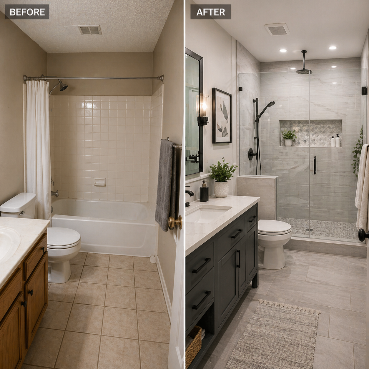 Bathroom before and after remodeling project by Golden Level